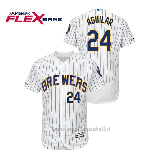Maglia Baseball Uomo Milwaukee Brewers Jesus Aguilar 150th Aniversario Patch Autentico Flex Base Bianco Blu